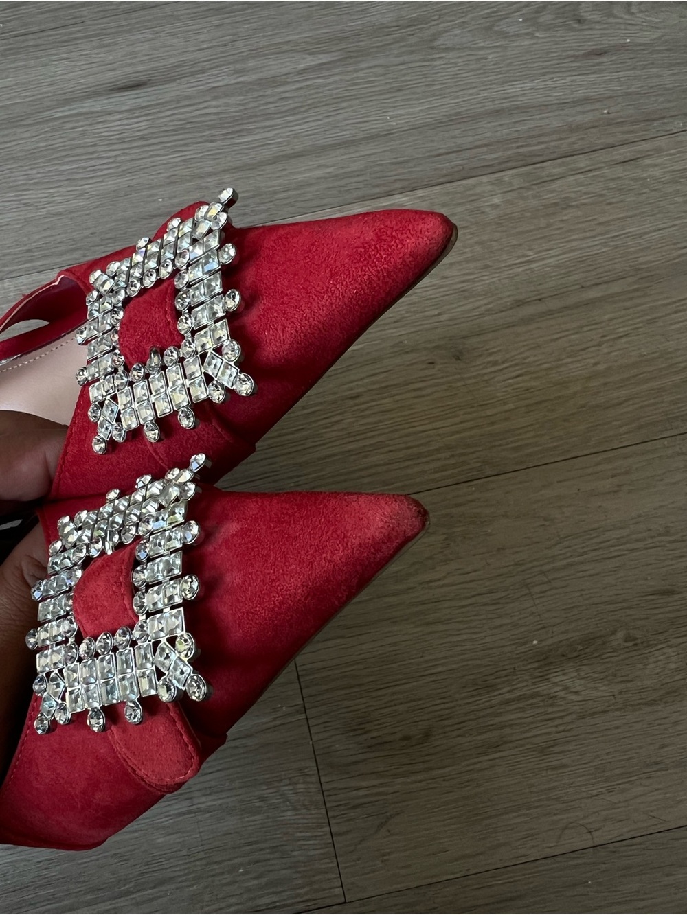 Zara Red Suede Rhinestone Buckle Pointy Toe Sling Backs Sz 38 - Picture 6 of 9